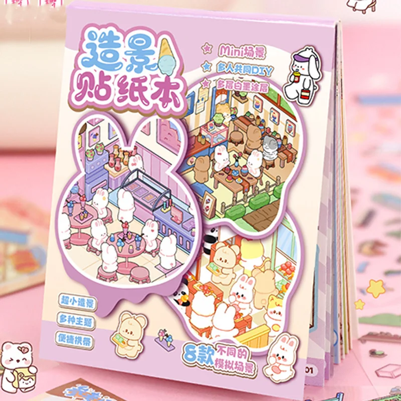 Livro de adesivos de cena em miniatura de desenho animado de 21 peças-mini materiais de diário de casa de campo 3D, decalques de colagem artesanais criativos DIY