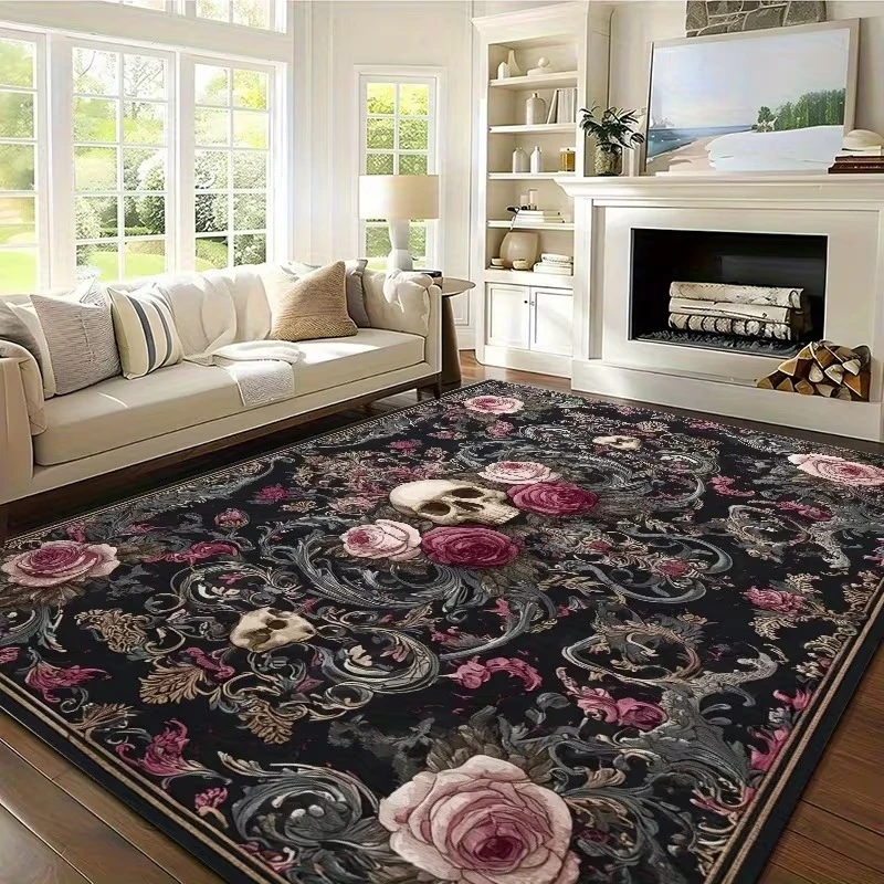 VIKAMA Gothic Skull & Rose Area Rug, Non-Slip Washable Dark Floral Carpet, Dark Academia Vintage Floor Mat for Living Room Decor