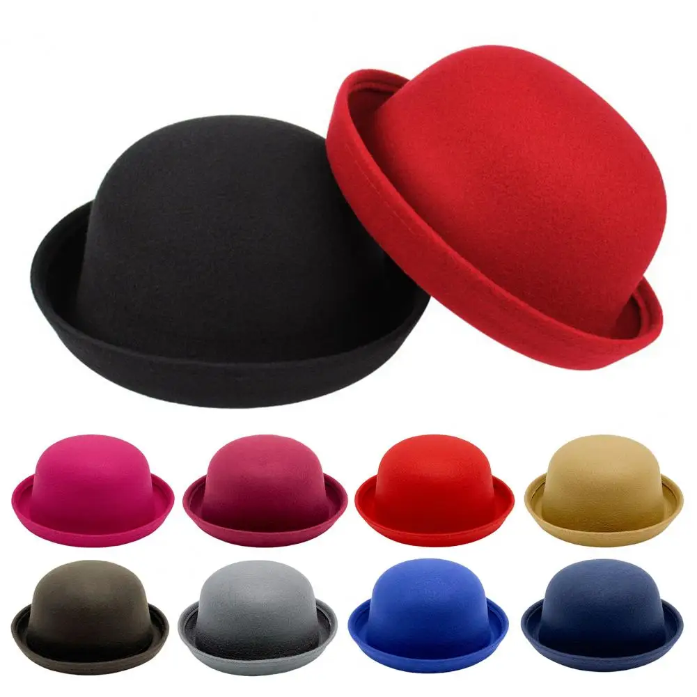 Flat-top Fedora Hat Pure Color Imitation Wool Jazz Hat Unisex Japanese Style Wide Brim Ladies Round Hat Parties Cosplay Bowler H