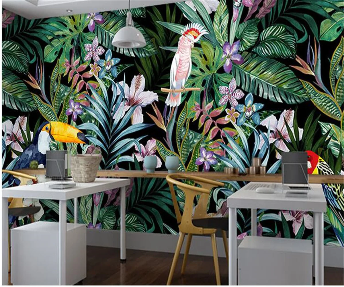 

Custom watercolor flowers and birds wallpaper tropical rain forest oil painting restaurant TV background wallpaper papel tapiz