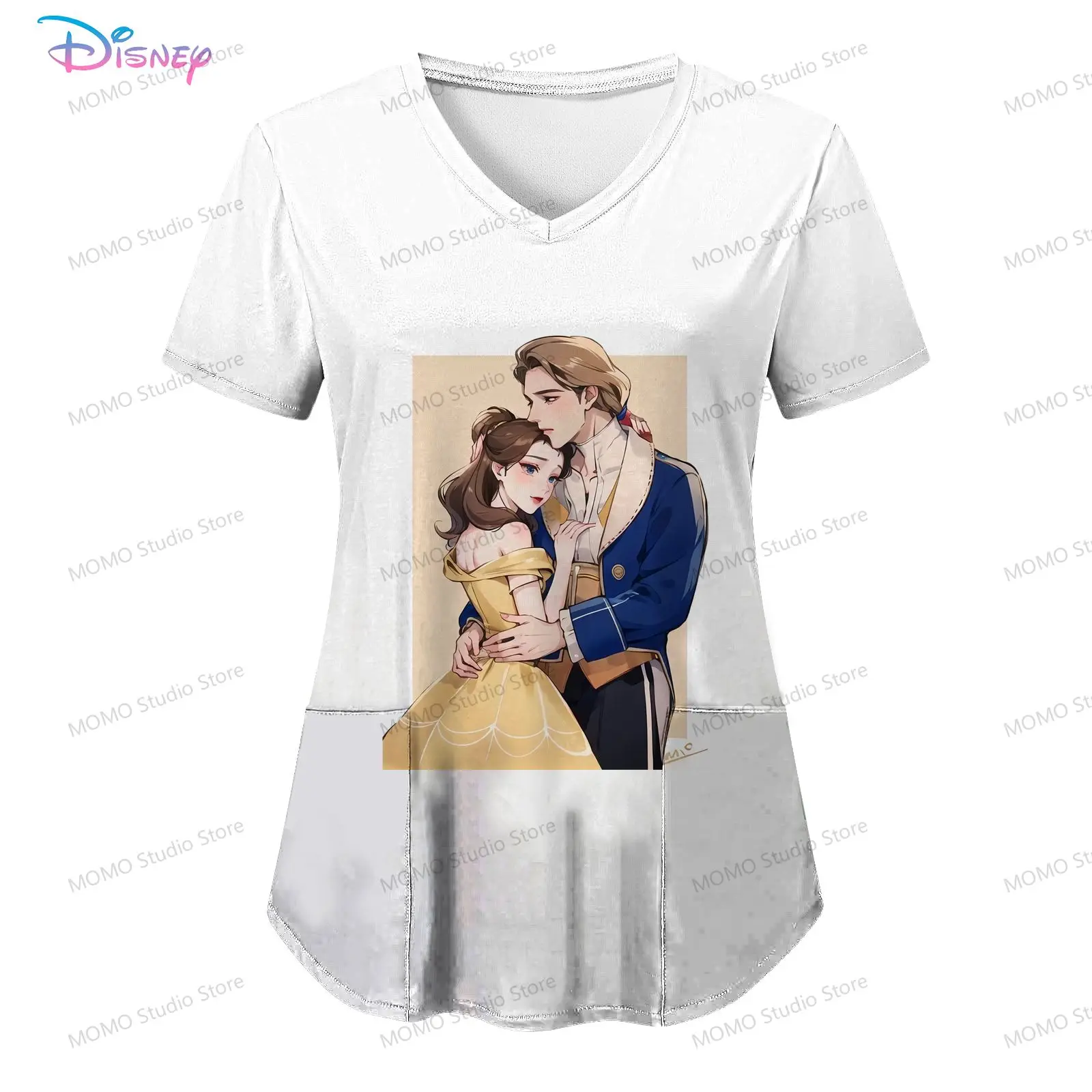 Disney Princess Pocket Women's V Neck Nurse Uniform T-Shirt 2024 Summer Short Sleeve Street Wear Woman Clothing S-2XL Tops Y2k