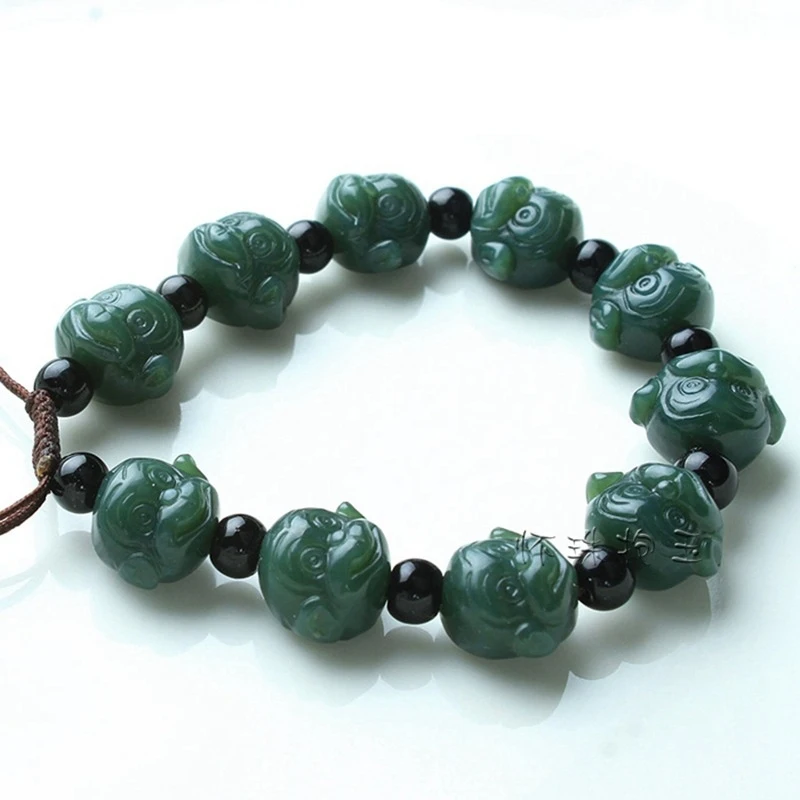 

Hotan Jade Green Jade Big Mouth Monkey Bracelet, Dark Green Jade Beaded Handmade Monkey Bracelet