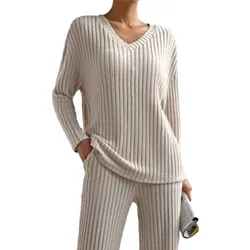 Women Knit Two Piece Pant Clothes Sets Autumn Winter Clothes Long Sleeve Ribbed Tops and Pants Set Loungewear Female Clothing