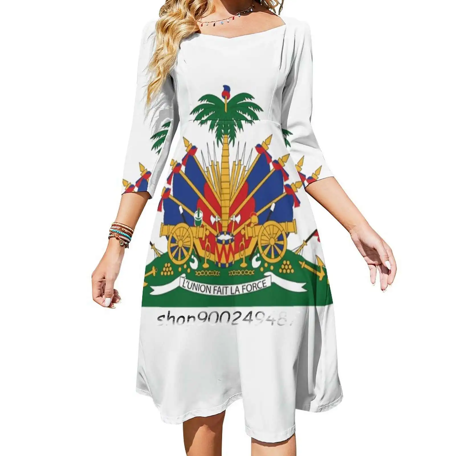 Haiti'S Coat Of Arms Flare Dress Square Neck Dress Elegant Female Fashion Printed Dress Coat Of Arms Haiti Haïti Haitian Creole