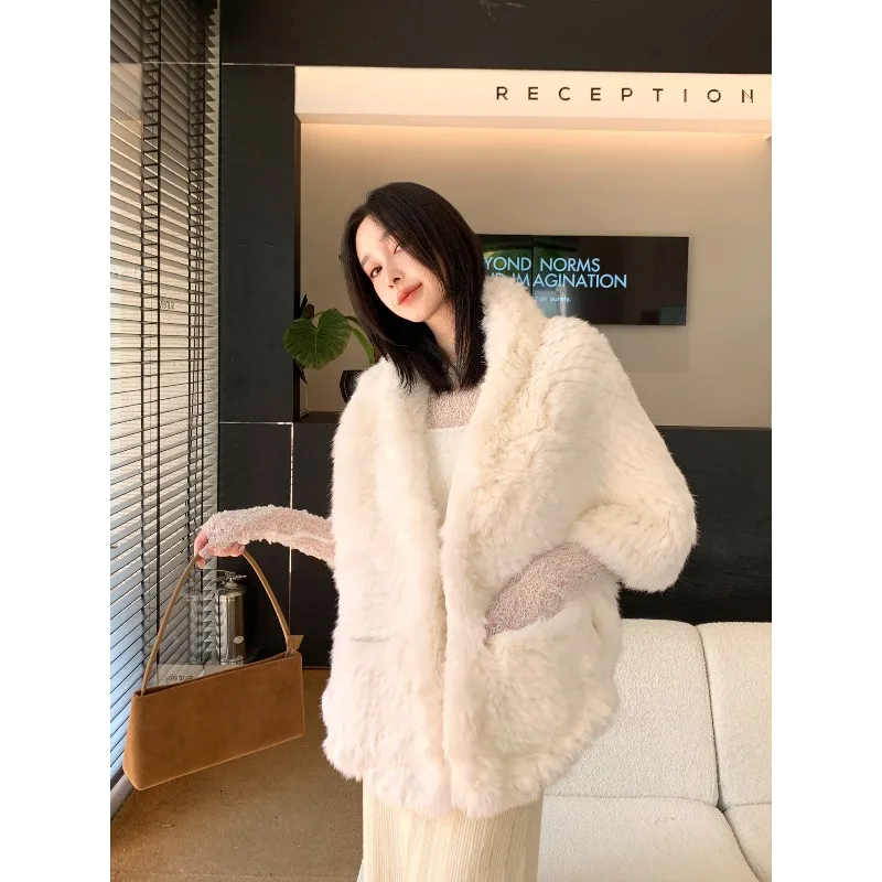 Double-sided rabbit fur woven fur ruffle edge large shawl, women's winter warm evening dress cape