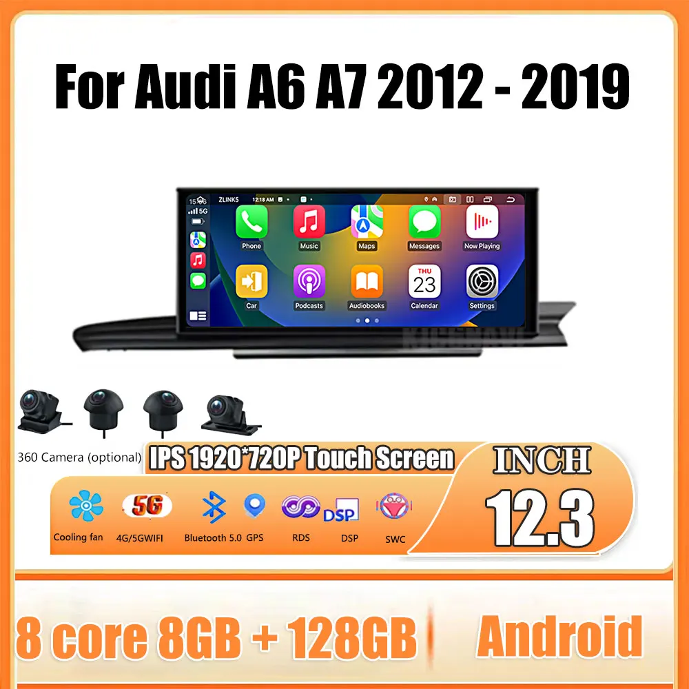 RHD 12.3 Inch Android 14 Touch Screen For Audi A6 A7 2012 - 2019 Car Accessories Carplay Monitor Multimedia Auto Radio Player