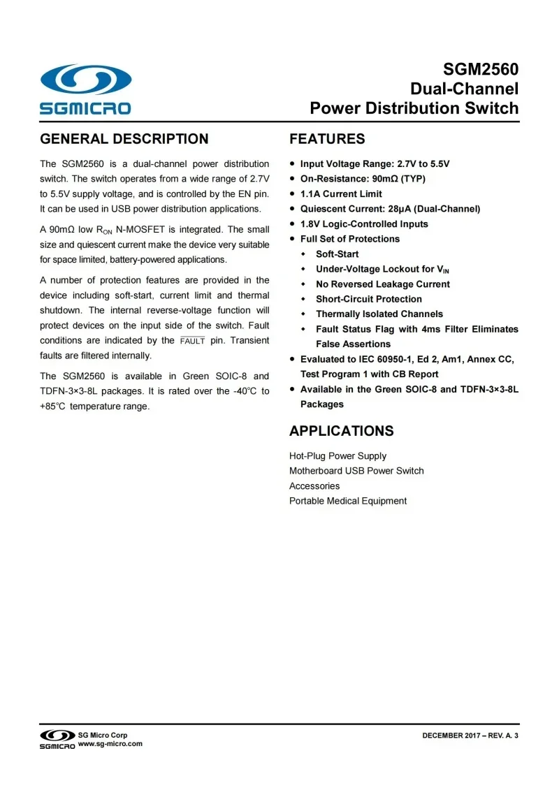 10Pcs/Lot SGM2560AYS8G/TR SOIC-8,Dual-Channel Power Distribution Switch,Electronics,Integrated Circuit IC
