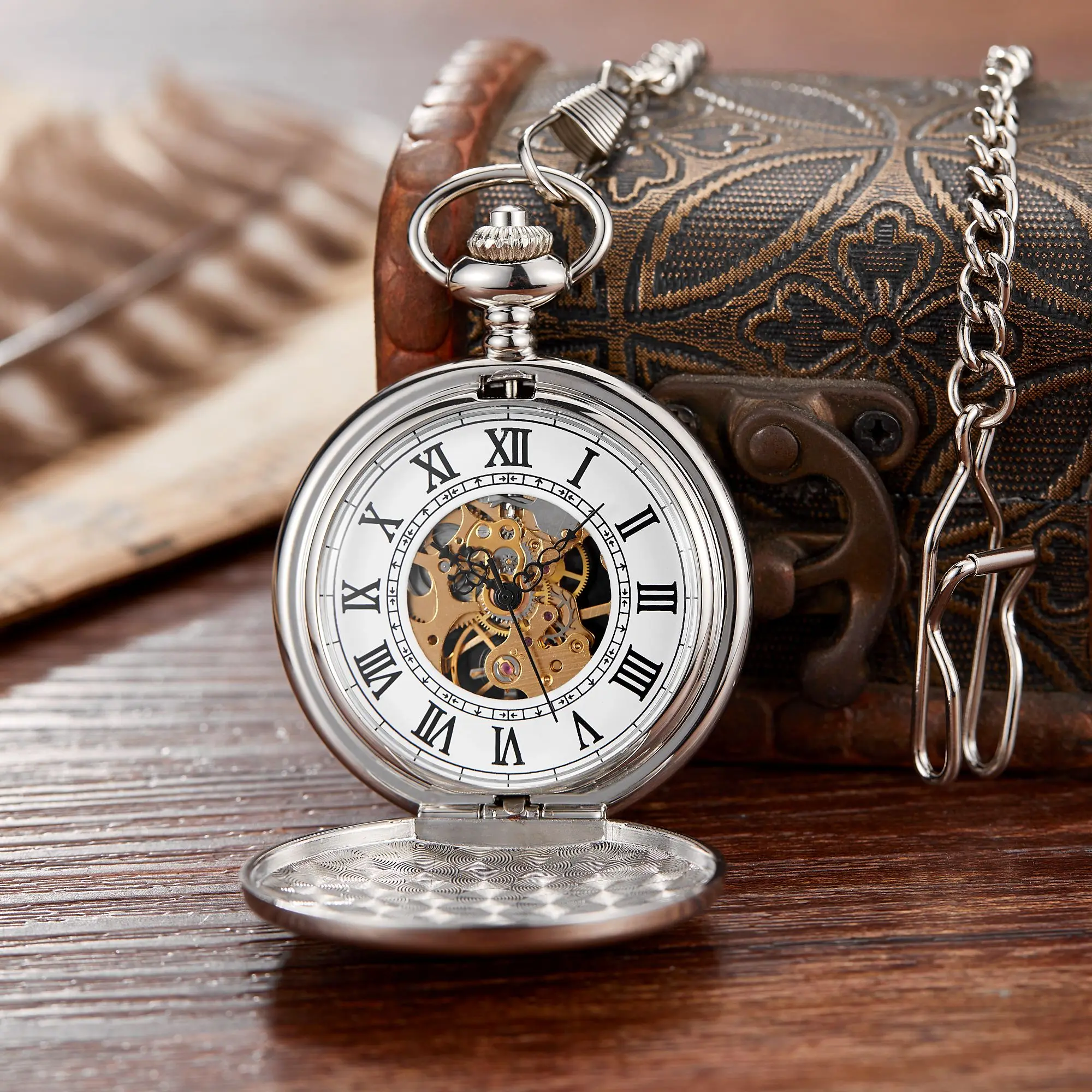 Unique Black Silver Pocket Watch Mechanical Hand-Winding Fob Watch Roman Numerals Dial Retro Clock Chain Pendants