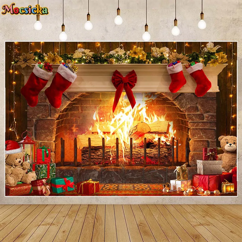 

Mocsicka Christmas Fireplace Background Fire Xmas Socks Gifts Family Portrait Photography Backdrops Photo Studio Photocall Props