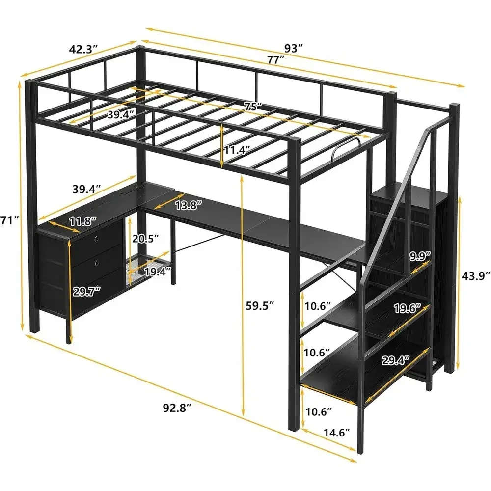 Twin Loft Bed with Desk, Storage Stairs, Wardrobe, RGB LED, USB Ports, and Adjustable Outlets