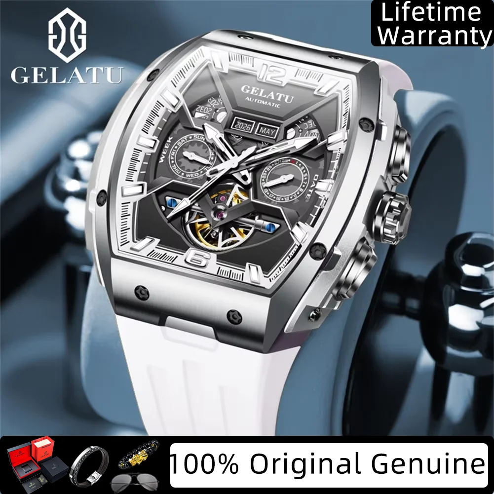 

GELATU Automatic Men's Watches Original Silicone Strap Luxury Hollowed Dial Date Week 5Bar Waterproof Mechanical Man Watch 6013