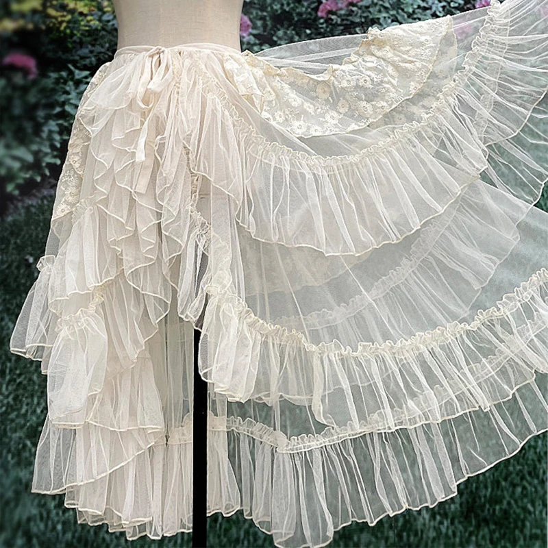

Готическая юбка в стиле Лолита с кружевом и сеткой, с оборками, для вечеринок, асимметричная, милая, прозрачная, тонкая, длинная юбка-накидка для женщин