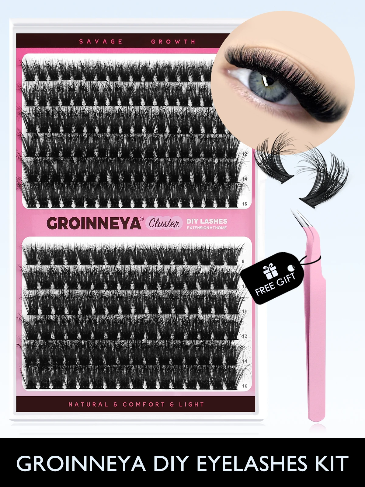 GROINNEYA Cluster Lashes Kit Fluffy Thick Eyelash Extension Kit Volume Mixed Tray Faux Mink Lashes Lash Extension Makeup