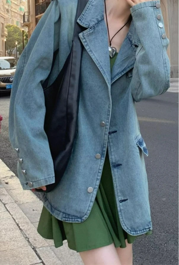 Retro Suit Collar Shoulder Padded Denim Jacket Women's Early Spring and Autumn New Cardigan Tooling Medium and Long Top Jacket