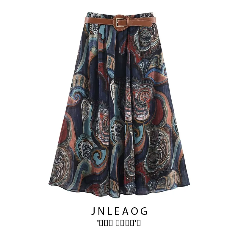 

JNLEAOG женская модная юбка-миди с металлическим принтом и поясом, осенняя новинка, универсальная женская повседневная юбка из полиэстера