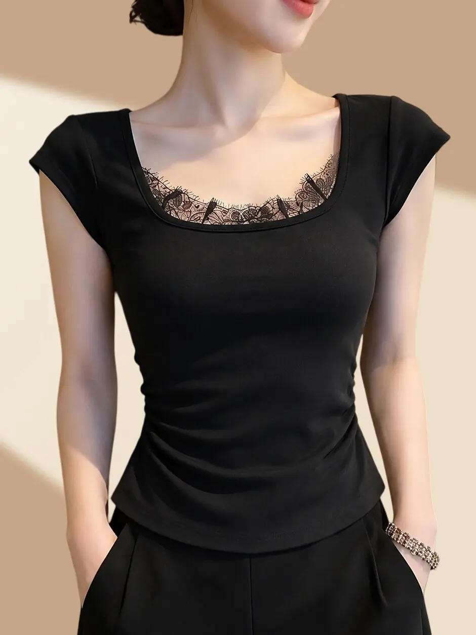Summer Slimming Lace Splice Short Sleeve T-Shirt Women's French Style Breathable Skin-Friendly U-Neckline Gathered Waist Design