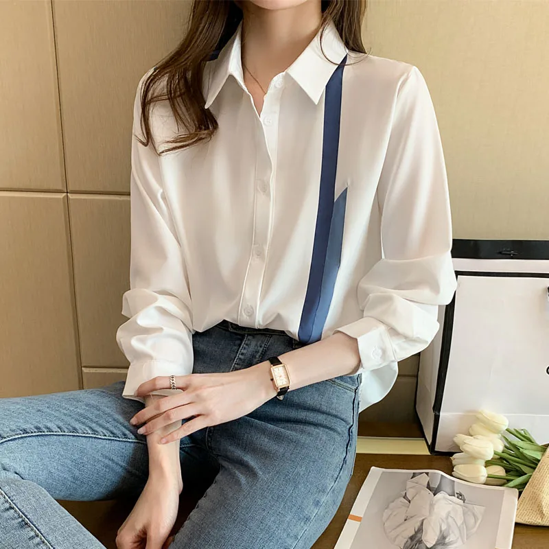 Coreano novo escritório senhora chiffon camisa moda casual manga longa blusa feminina topos