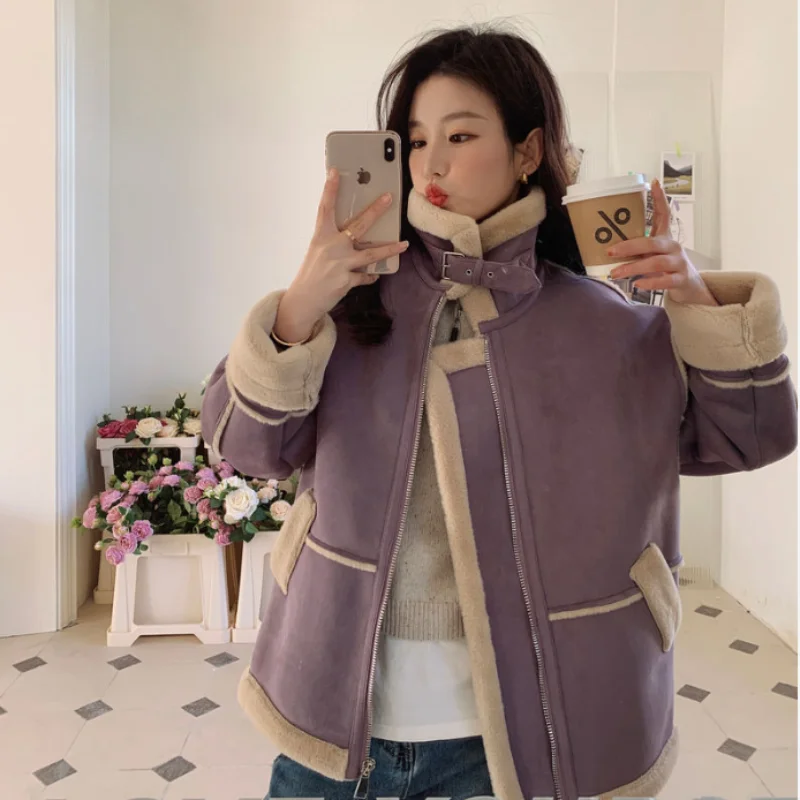 Lamb Wool Jacket Women Short Outwear Autumn Winter 2024 New Fur One Short Bike Clothing Fashion Loose Stitching Warm Parker Coat