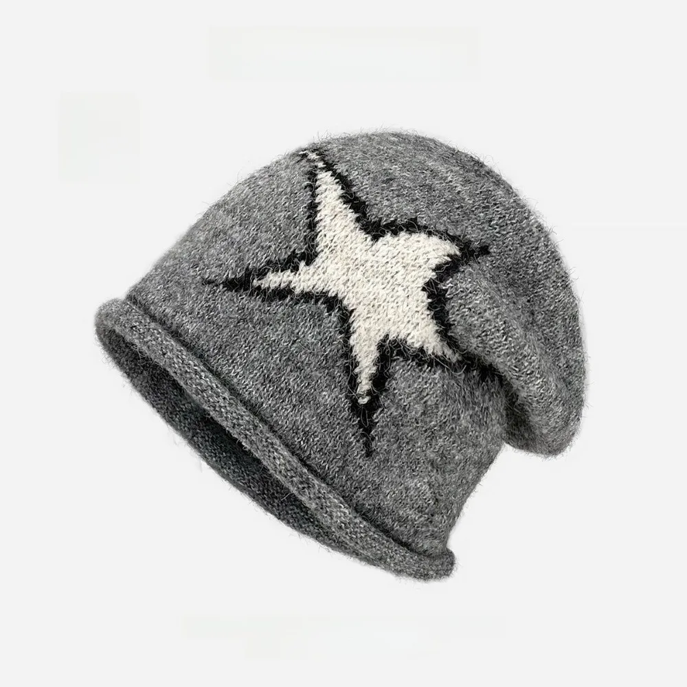 Y2K Style Star Patterned Beanie Cap Elastic Edge Curl Knitted Hat Ear Protection Soft Brimless Skull Cap