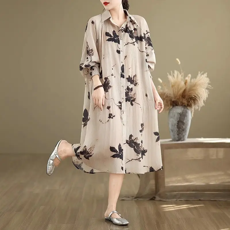 Abito camicia da donna retrò con stampa a inchiostro cinese - Abito primaverile-autunno stile cardigan dalla vestibilità ampia con orlo svasato G179