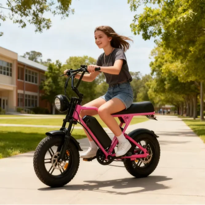 G60mini 350W 13AH Long Range With Pedal Through Pink Girls Electric Mountain Bike Full Suspension Hydraulic Brake Fat Tire