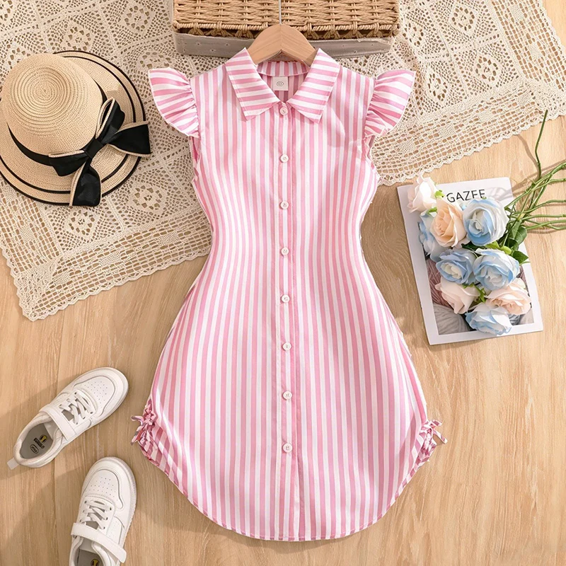 Blau-weiß gestreiftes Kleid für Mädchen von 8–12 Jahren, Hemdkragen mit Rüschenärmeln und gestreiftes Button-Down-Kleid mit seitlichen Bändern, lässige Kinderkleidung – Detail 16