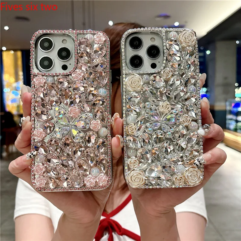 

Female Camellia Butterfly Rhinestone Phone Case For iPhone 16E 16 15 Plus 14 13 12 11 Pro Max Luxury Plating Tpu Soft Back Cover