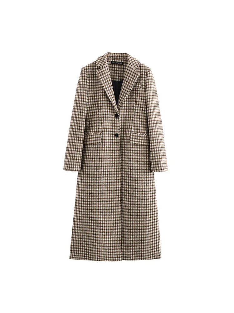 

European-style new women's fashion, versatile, elegant lapel, single-breasted, long-sleeved plaid long coat/jacket.