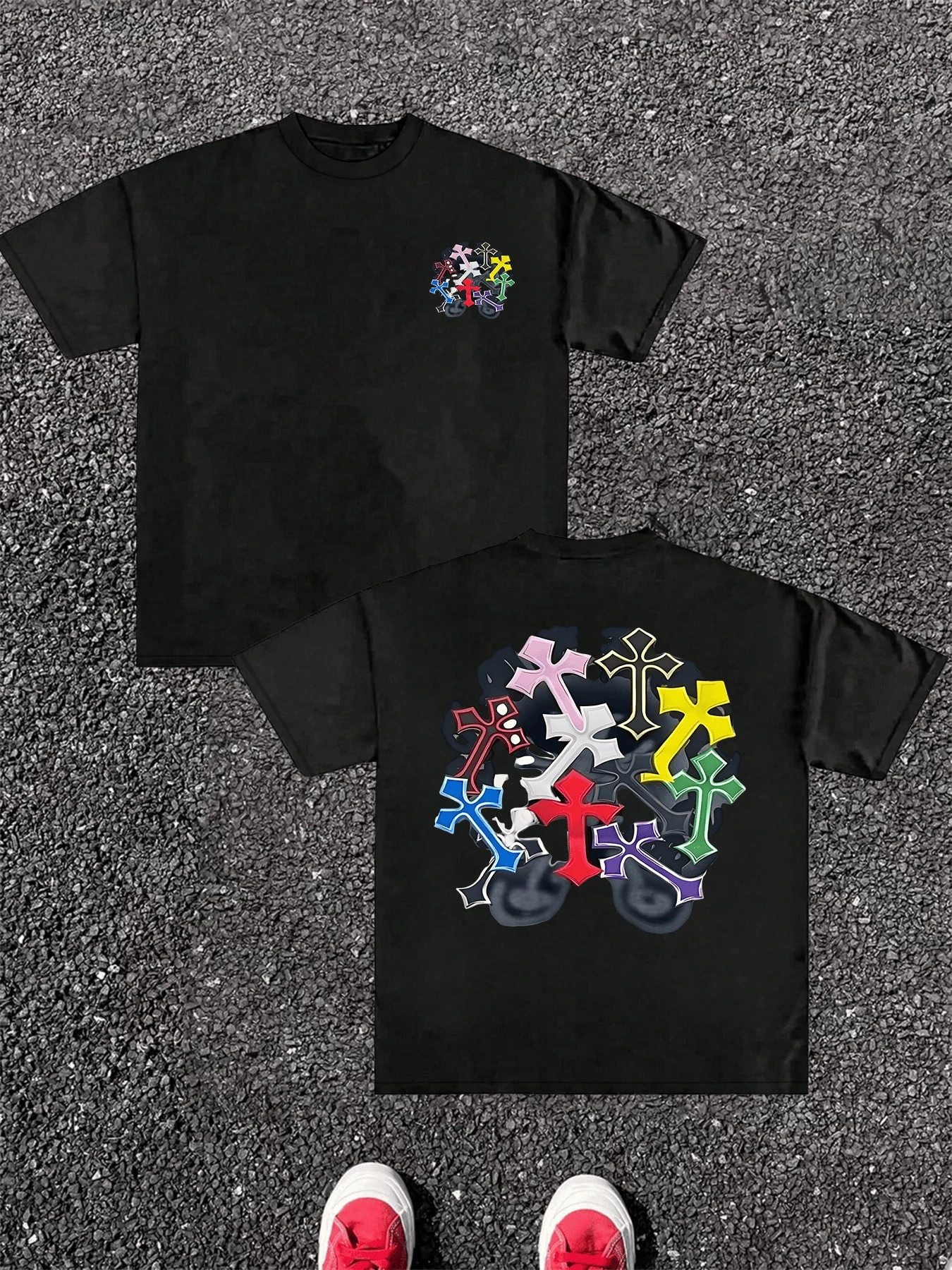 T-shirt pour homme en pur coton, impression numérique double face avec croix colorées, graphique uni