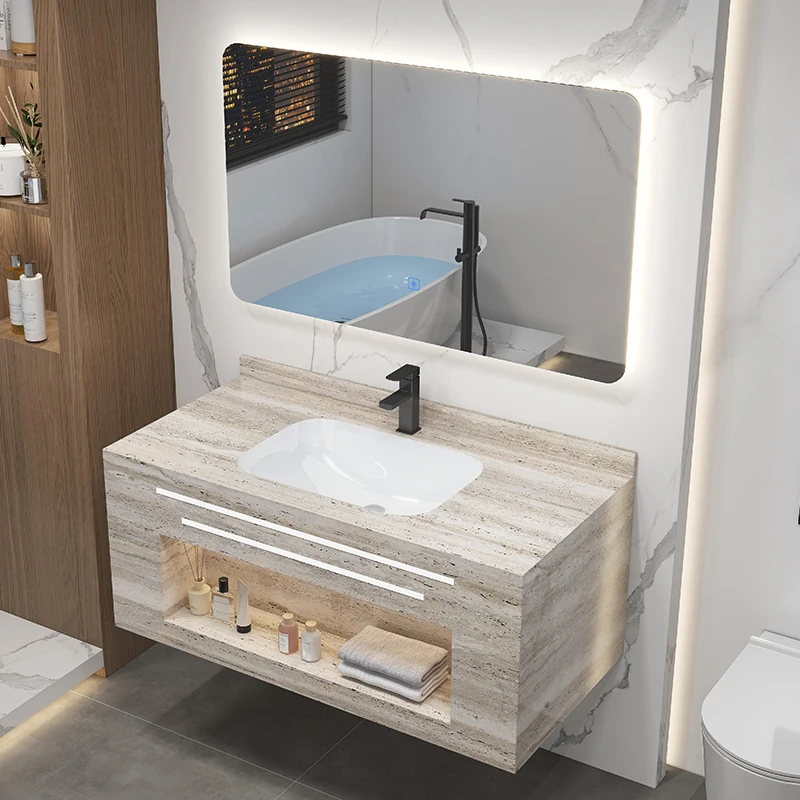 Modern Concise Smart LED Mirror Easy Clean Customized Slate Rock Board Basin Wall Mounted Hand Wash Cabinet Sink Bathroom Vanity
