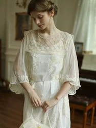 Spring Summer Women French Style Exquisite Lace Loose Handmade Beading Mori Kei Girl Apricot Dresses