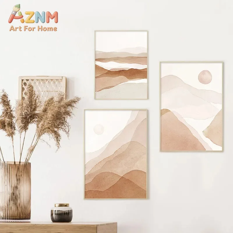 1Pc/3Pcs Nordic Modern Watercolour Landscape Sunrise Abstract Geometry Morandi Art Niche Decorative Canvas Poster