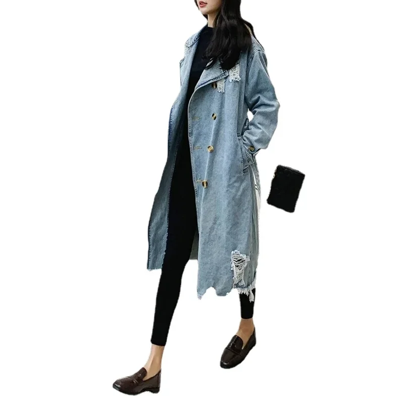 SuperAen Street Style 2024 Korean Style Turn Down Collar Long Sleeve Lace Up Waist Single Breasted Denim Coat