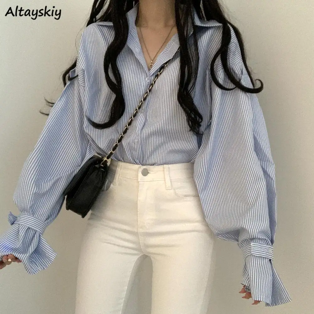 Women Striped Shirts Designer Lantern Sleeve Ulzzang Boyfriend Korean Style Fashionable Soft Tops Students All-match Casual New