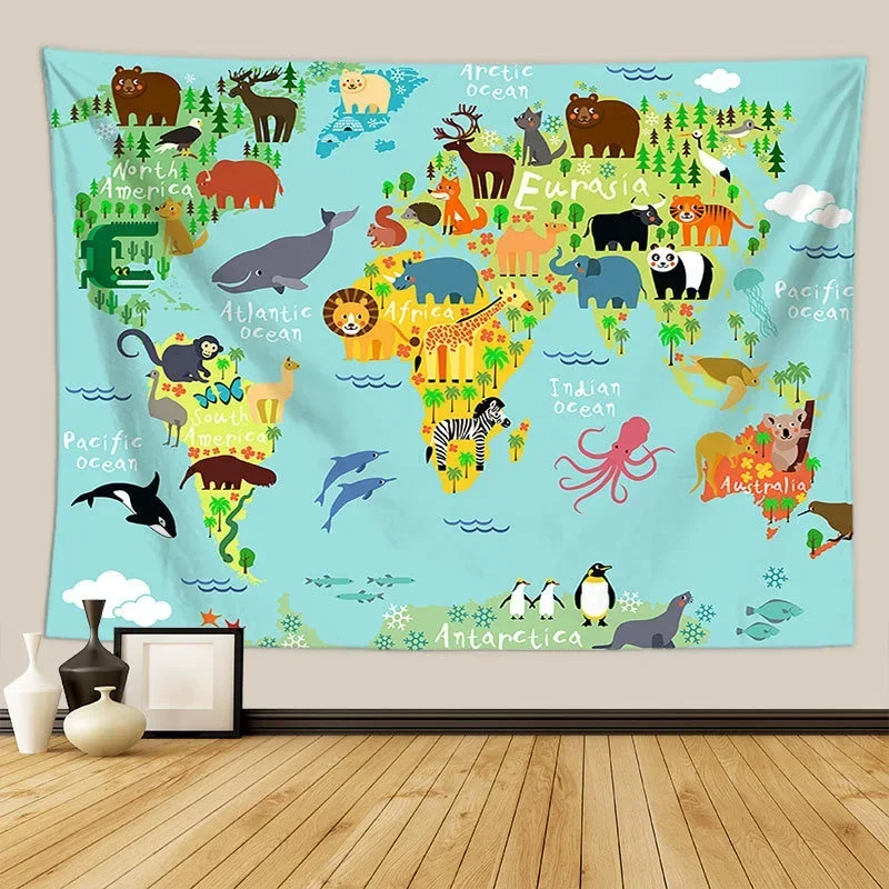 Nordic Style Animal World Map Tapestry Wall Hanging Children's Room Living Room Decor Beach Towel Thin Blanket Yoga Shawl Mat