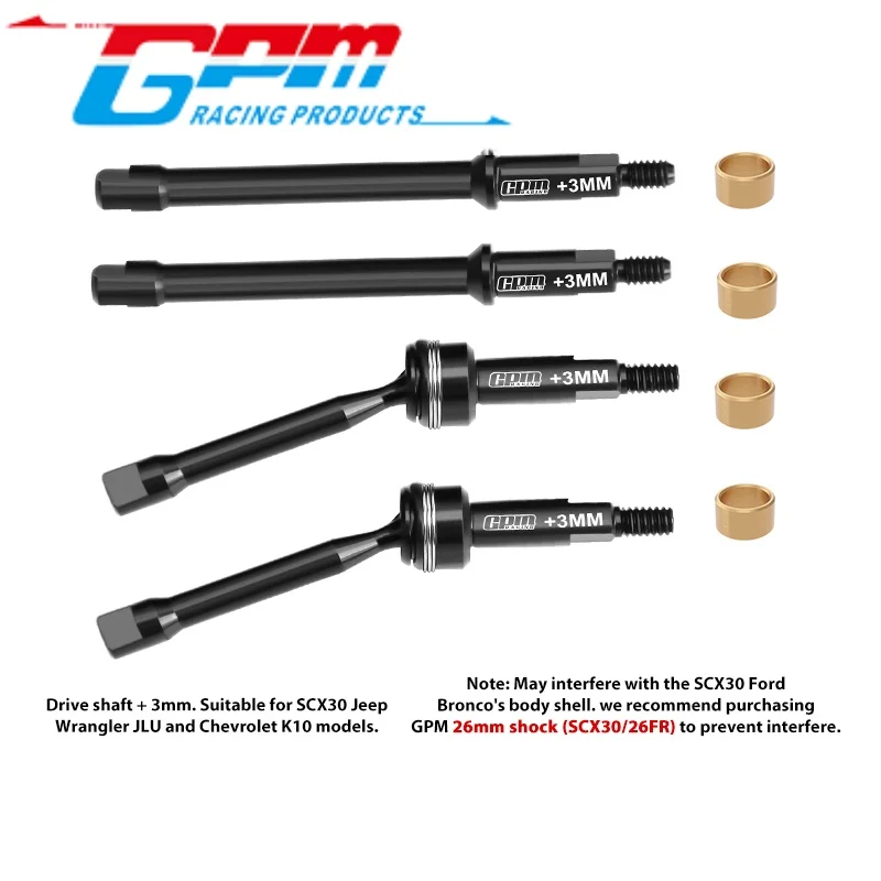 

GPM SCX30/20+3MM 4140 CARBON STEEL FRONT & REAR DRIVE AXLES FOR AXIAL 1/30 SCX30 FORD BRONCO SCX30 JEEP WRANGLER JLU SCX30 CHEVR