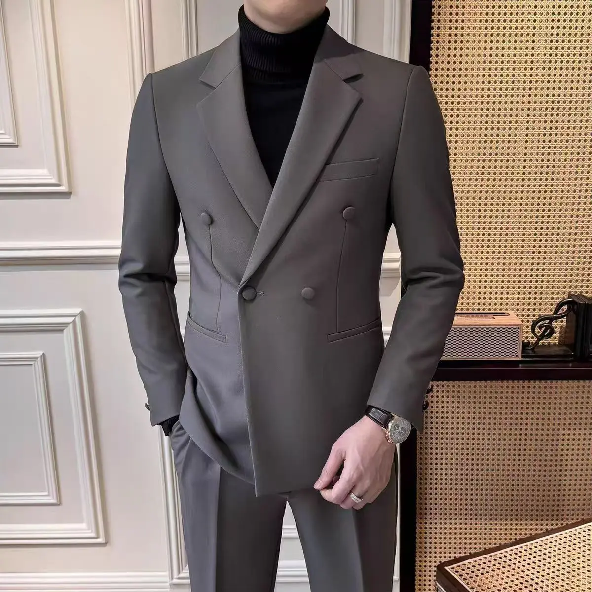 Y021Autumn high-end double-breasted men\'s suits, high-end two-piece suits, handsome slim-fitting jackets, casual business formal