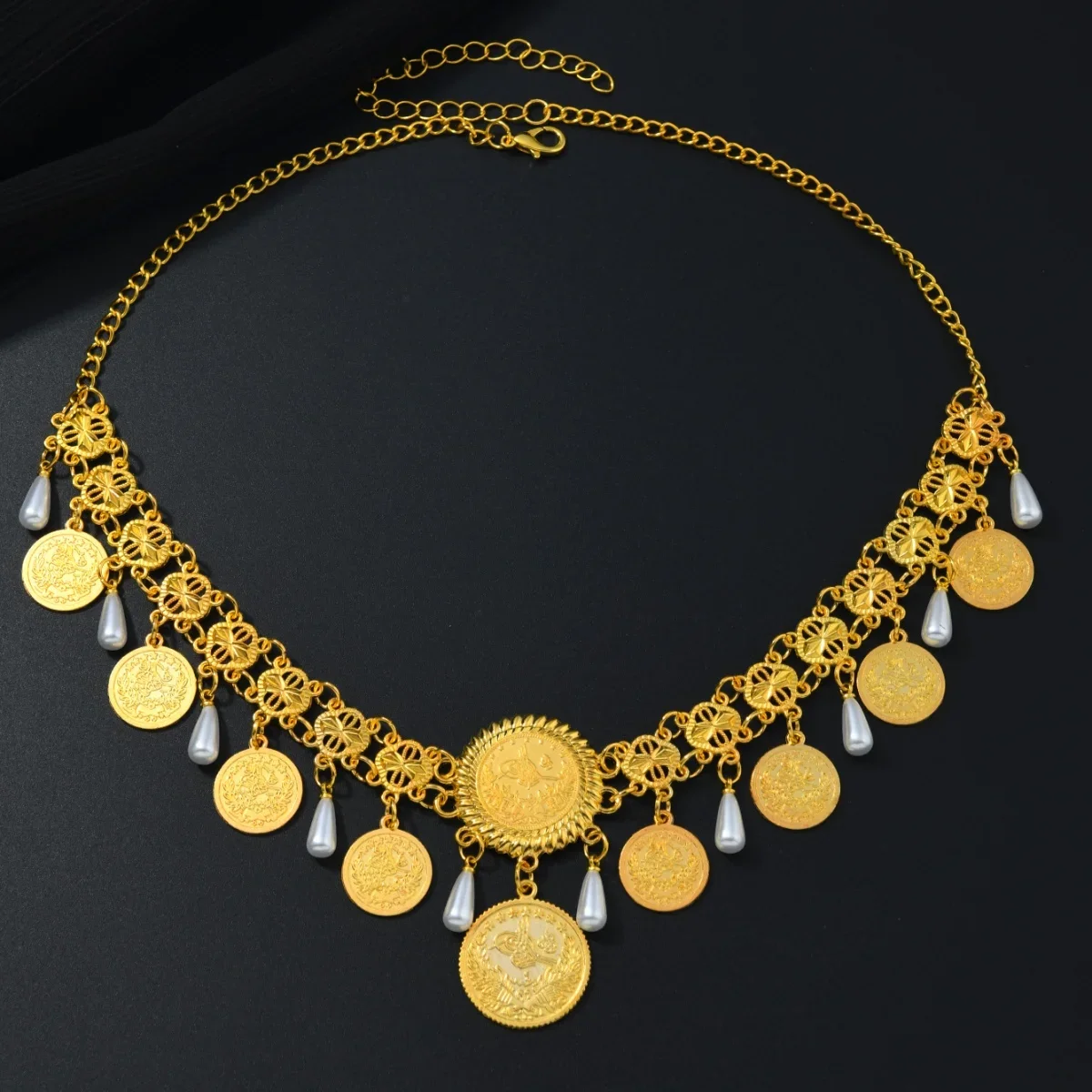 Kurdish Headpiece Jewelry Egyptian Gold Color Metal Coin Faux Pearl Tassel Head Chain For Women Holiday Party Headdress