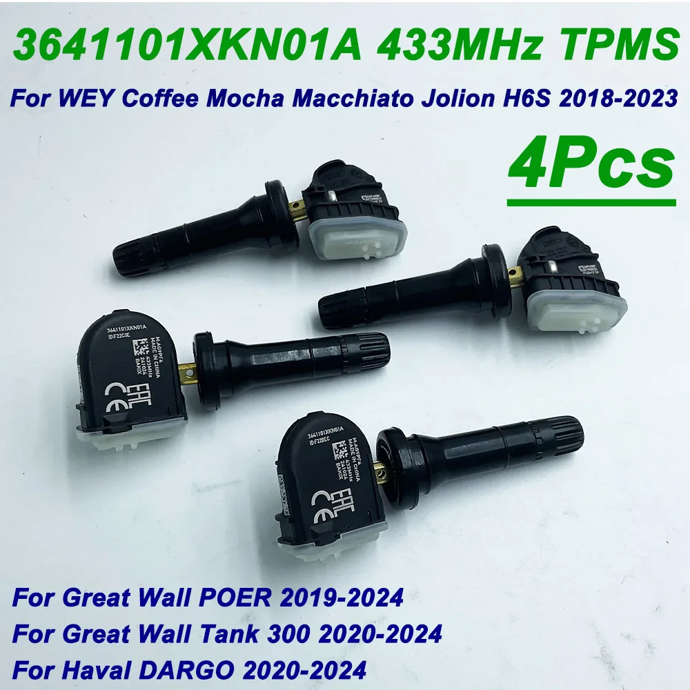 4Pcs TPMS Tire Pressure Sensor 3641101XKN01A 433MHz For 2018-2024 Great Wall Tank 300 VV7 POER WEY Coffee Mocha Haval Jolion H6S