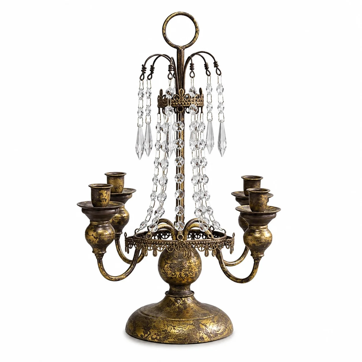 Vintage Iron Candelabra with Acrylic Crystal Drops, 4-Arm Gold Leaf Taper Candle Holder for Wedding Table Centerpiece