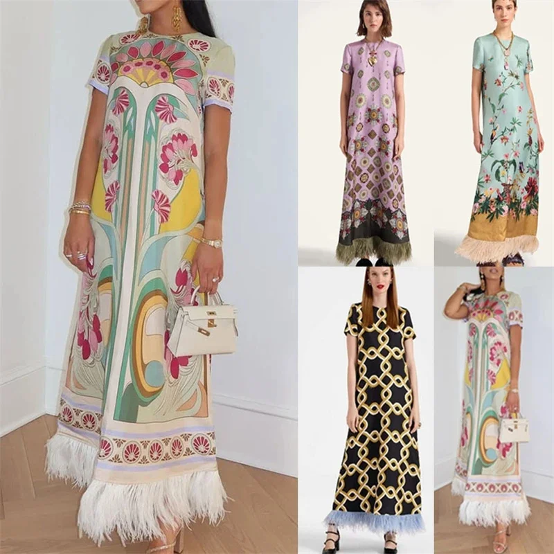 Vintage Art Printed Feather Fringe Loose Maxi Dress Short Sleeve Satin Dress For Women Spring Summer Vacation Casual Party