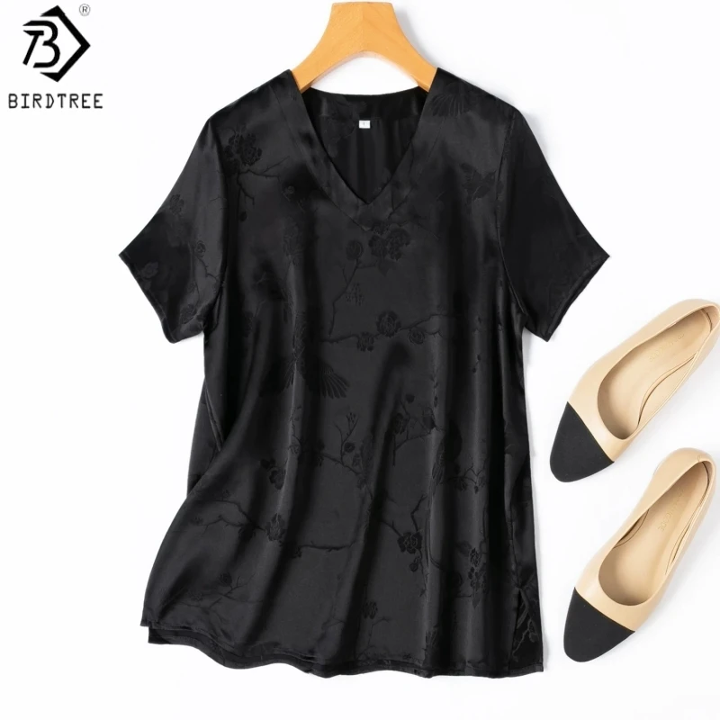 

Birdtree, 28MM 100% Silk Jacquard Tshirt, V-neck Short Sleeve Tops, Women's Satin Thin Basics Shirt, 2026 Summer New T64910JF
