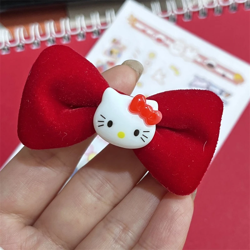 Sanrio Hello Kitty 6PCS Hairpin Cute Cartoon Girls Hair Accessories Fashion Conspicuous Red Bowknot Velvet  Bobby Pin Gifts