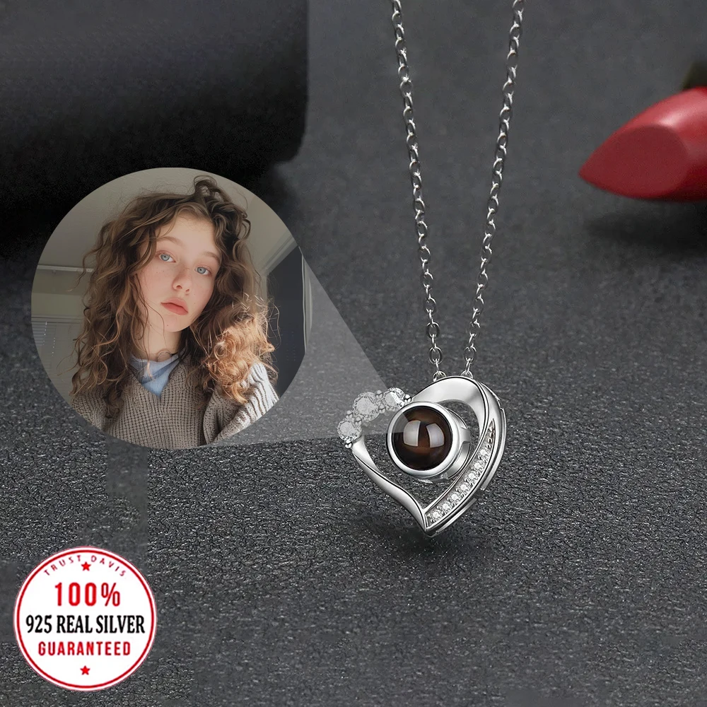 S925 Silvery Custom Color Photo Projection Necklace Zircon Heart Pendant For Mom Girlfriend Wife Valentine Mother Day Gifts