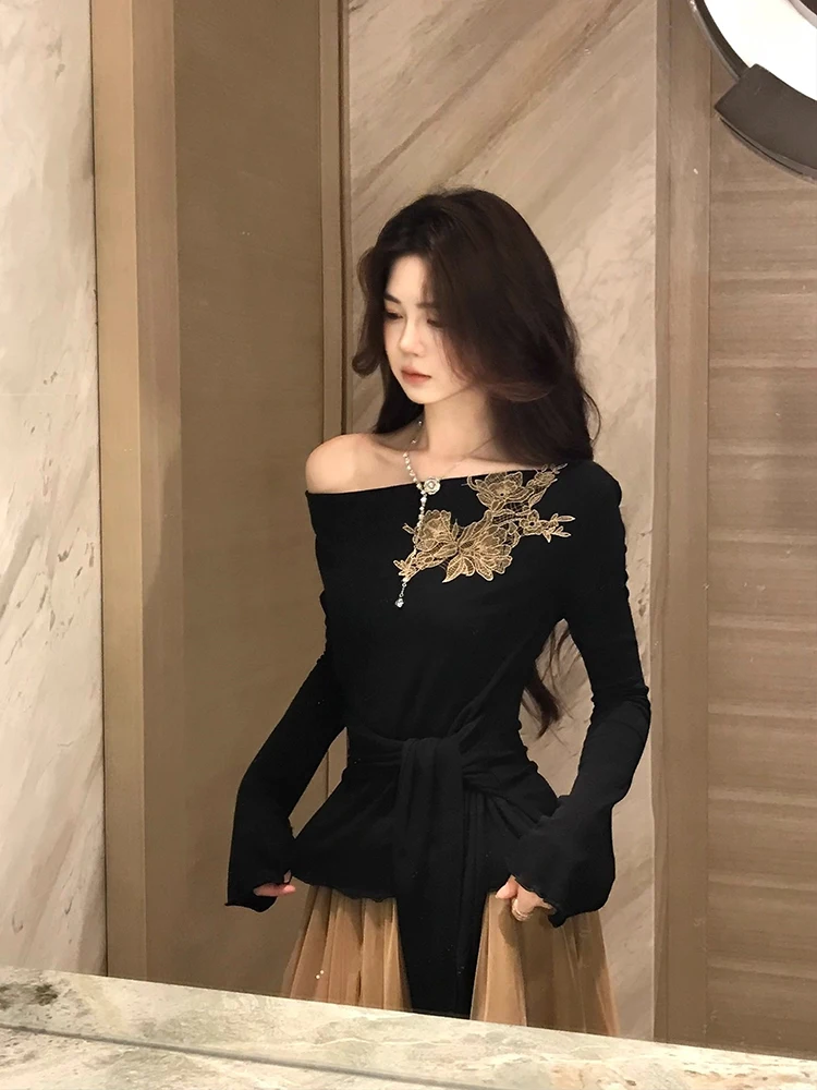 

Ele Spring New High Waist Me f Skirt Knitted Long Sve One oulder Top And Skirt Two Piece Set for Women