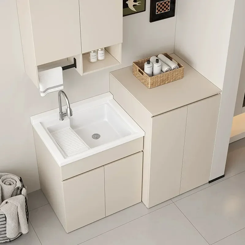 Aluminum Honeycomb Laundry Cabinet with Quartz Basin Flip Top Integrated Sink for Balcony Washing Machine Storage Unit