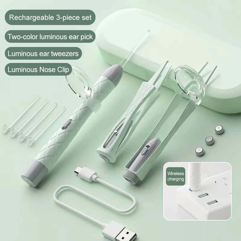 Luminous Ear Spoon Set Ear Wax Removal Cleaning Tweezers LED Light Earpick Nose Clip Children Adults Ear Care Tools Kit USBcharg