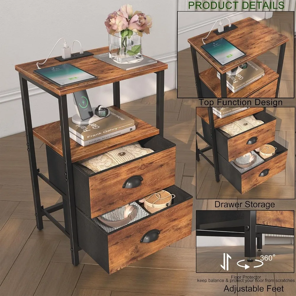 زوج من طاولات النوم الصناعية ذات الطراز العتيق مع أدراج قماشية، وحدة تخزين متعددة المستويات، وإضاءة LED، ومنفذ شحن