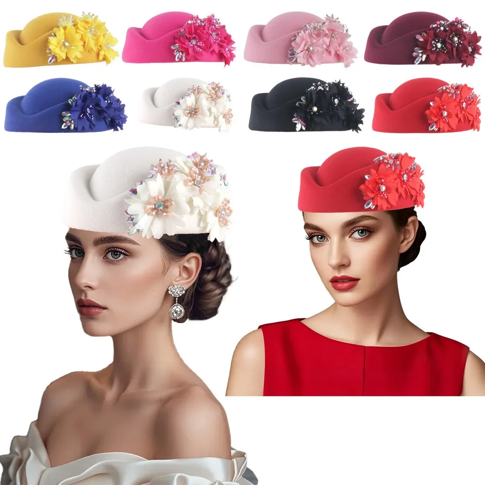 

Fashion With Flower Felt Turban Hat Soft Casual Church Derby Fascinator Hat Vintage Soft Beret Caps for Women