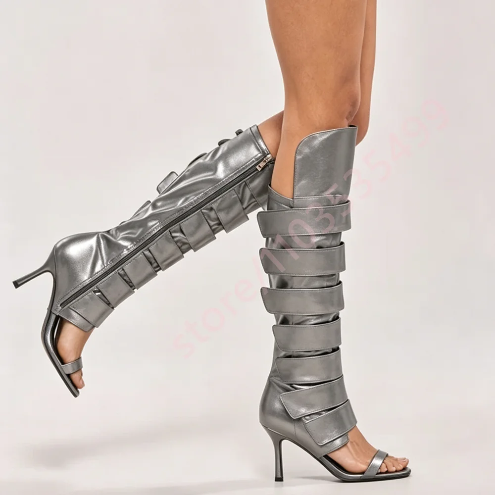 2026 Multi Wide Strap Cutout Thigh High Boots Women Open Toe Thin Stiletto Heel Nightclub Party Hollow Out Knee High Sandal Boot